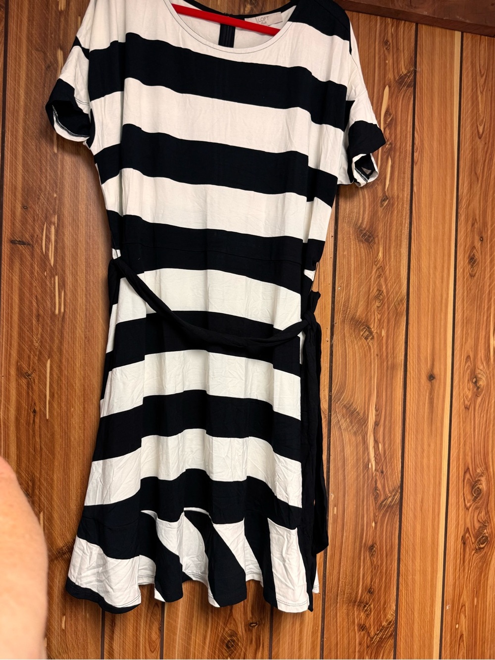 LOFT Black and White Striped Tie-Waist Dress